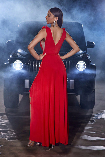 A-Line Red V Neck Long Formal Dress with Ruffles